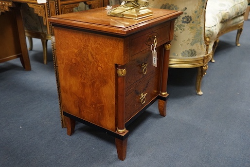 A pair of Biedermier design bird's eye maple three drawer bedside chests, width 53cm, depth 39cm, height 60cm